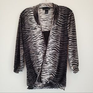 Isabella Rodriguez Black and Grey Smocked Zebra Long Sleeve Wrap Top Large